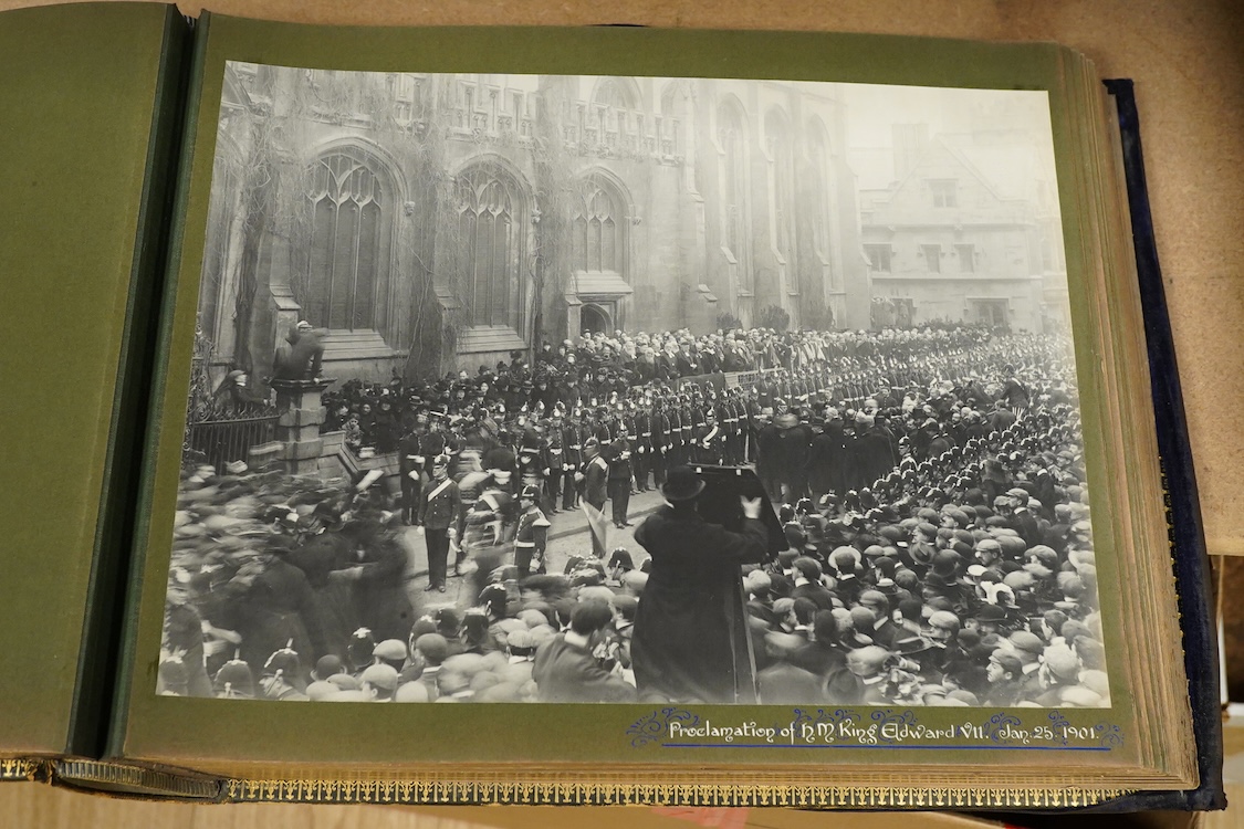 An Edwardian decorated photograph album relating to Oriel College, University of Oxford & Westminster School, with hand painted decorated titles for each mounted photograph, black-and-white photographs and bound in Oxfor
